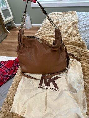 Michael Kors Cognac Pebbled Leather Shoulder Bag with Chain Strap